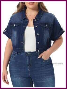 Plus Size Cropped Denim Jacket Short Sleeve Button Washed Jean Jacket